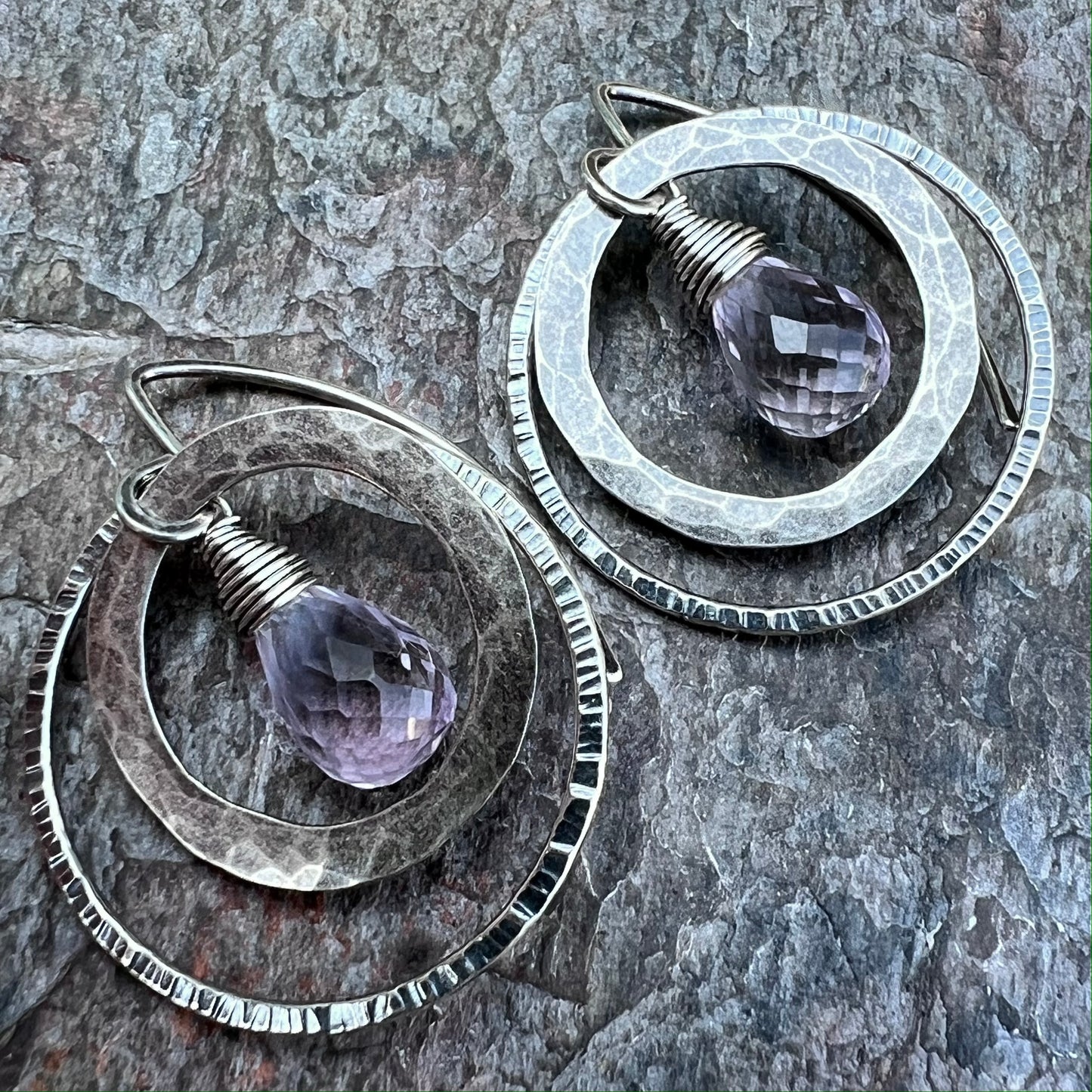 Pink Amethyst Sterling Silver Earrings - Genuine Pink Amethyst in Hammered Sterling Silver Circles