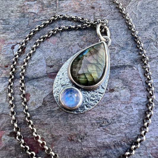 Labradorite and Rainbow Moonstone Sterling Silver Necklace - Handmade One-of-a-kind Pendant on Sterling Silver Chain
