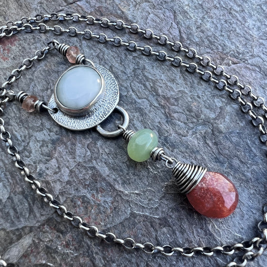 Peruvian Opal and Sunstone Sterling Silver Necklace - Handmade Pendant on Sterling Silver Chain