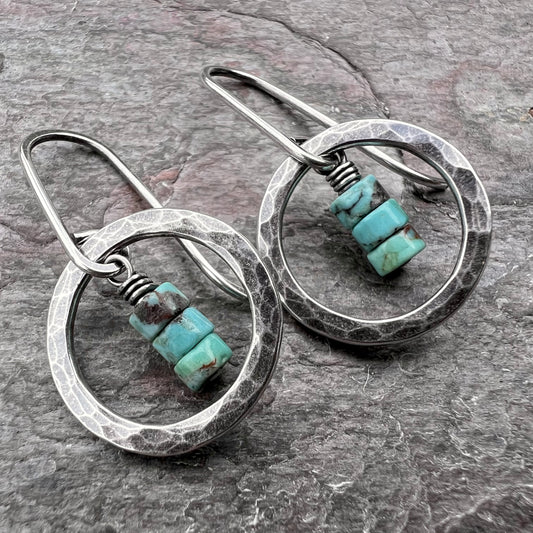 Turquoise Sterling Silver Earrings - Genuine Turquoise in Hammered Circles