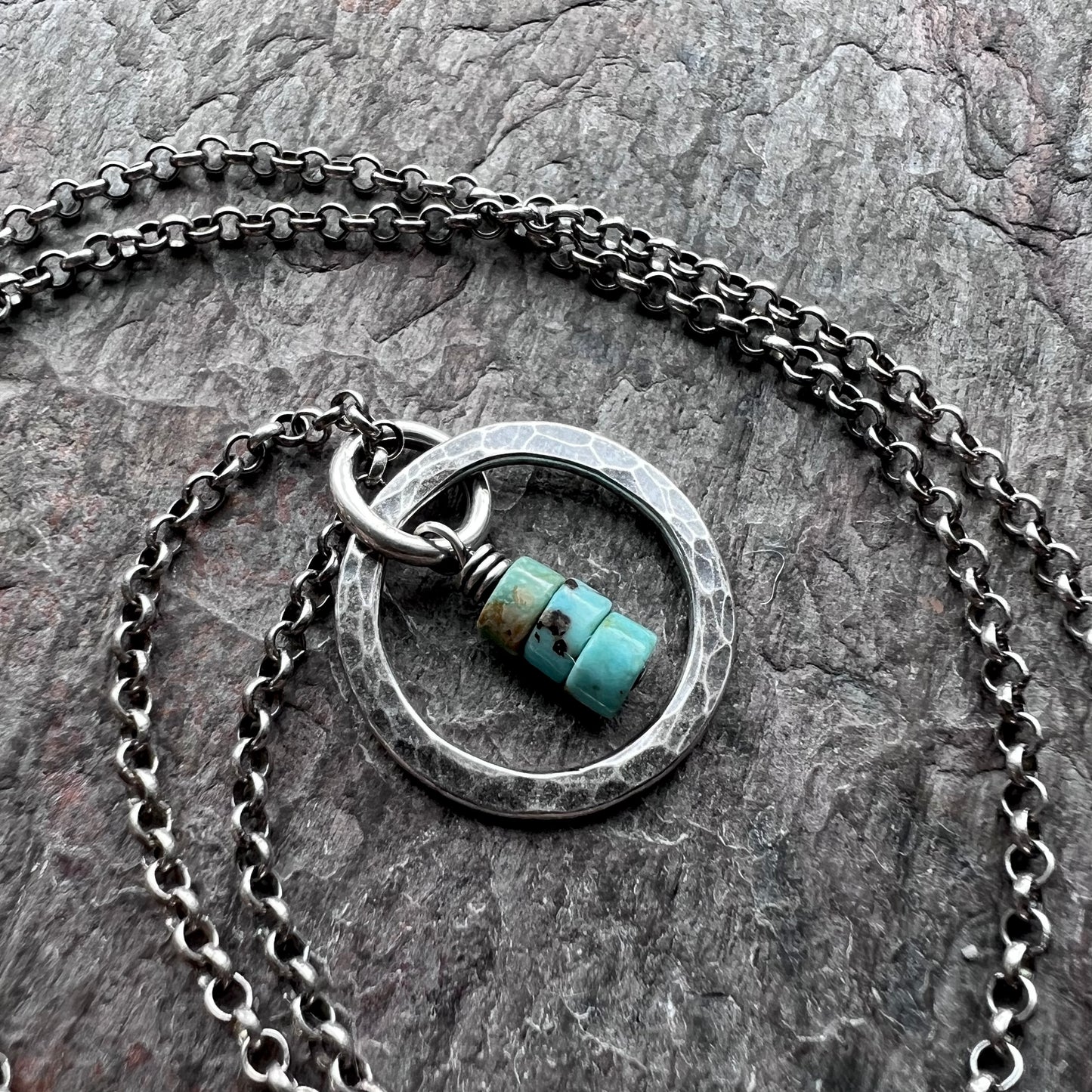 Turquoise Sterling Silver Necklace - Genuine Turquoise in Hammered Circle Pendant on Sterling Silver