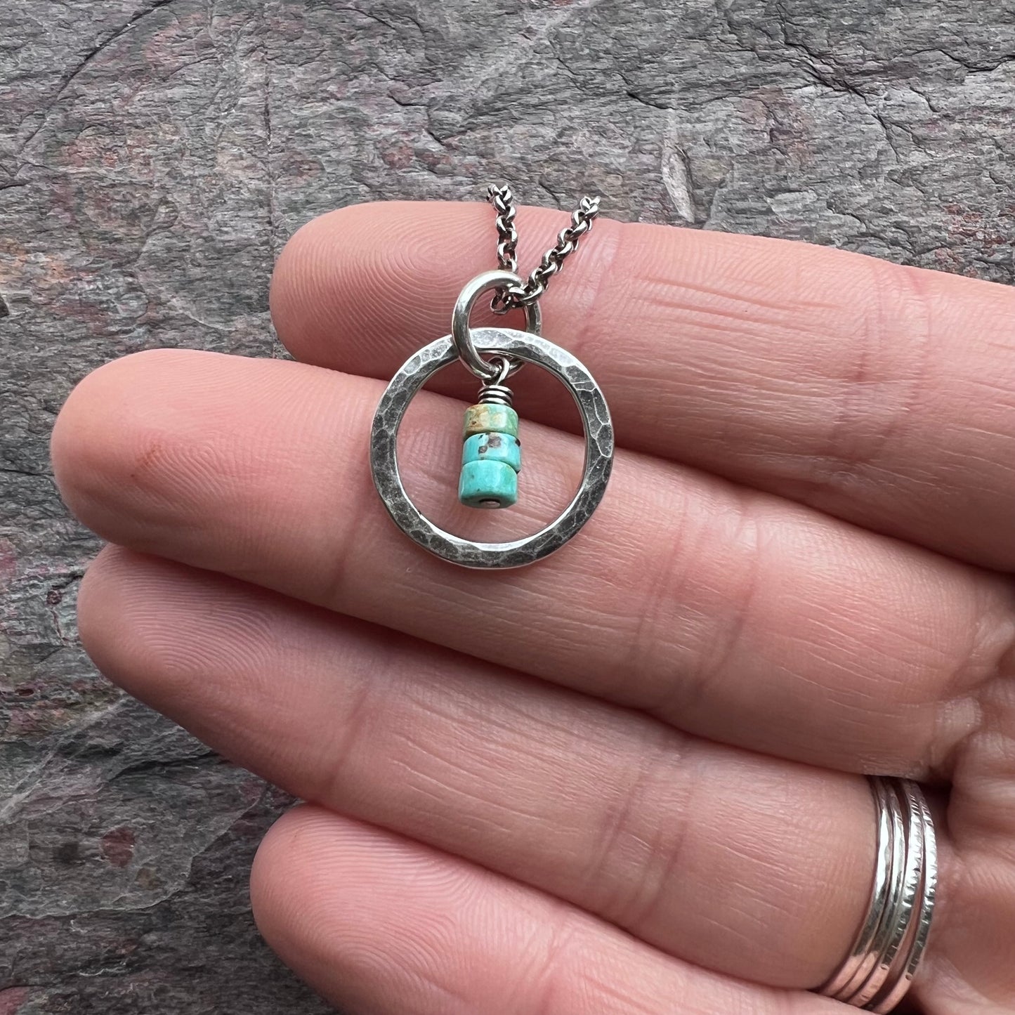Turquoise Sterling Silver Necklace - Genuine Turquoise in Hammered Circle Pendant on Sterling Silver