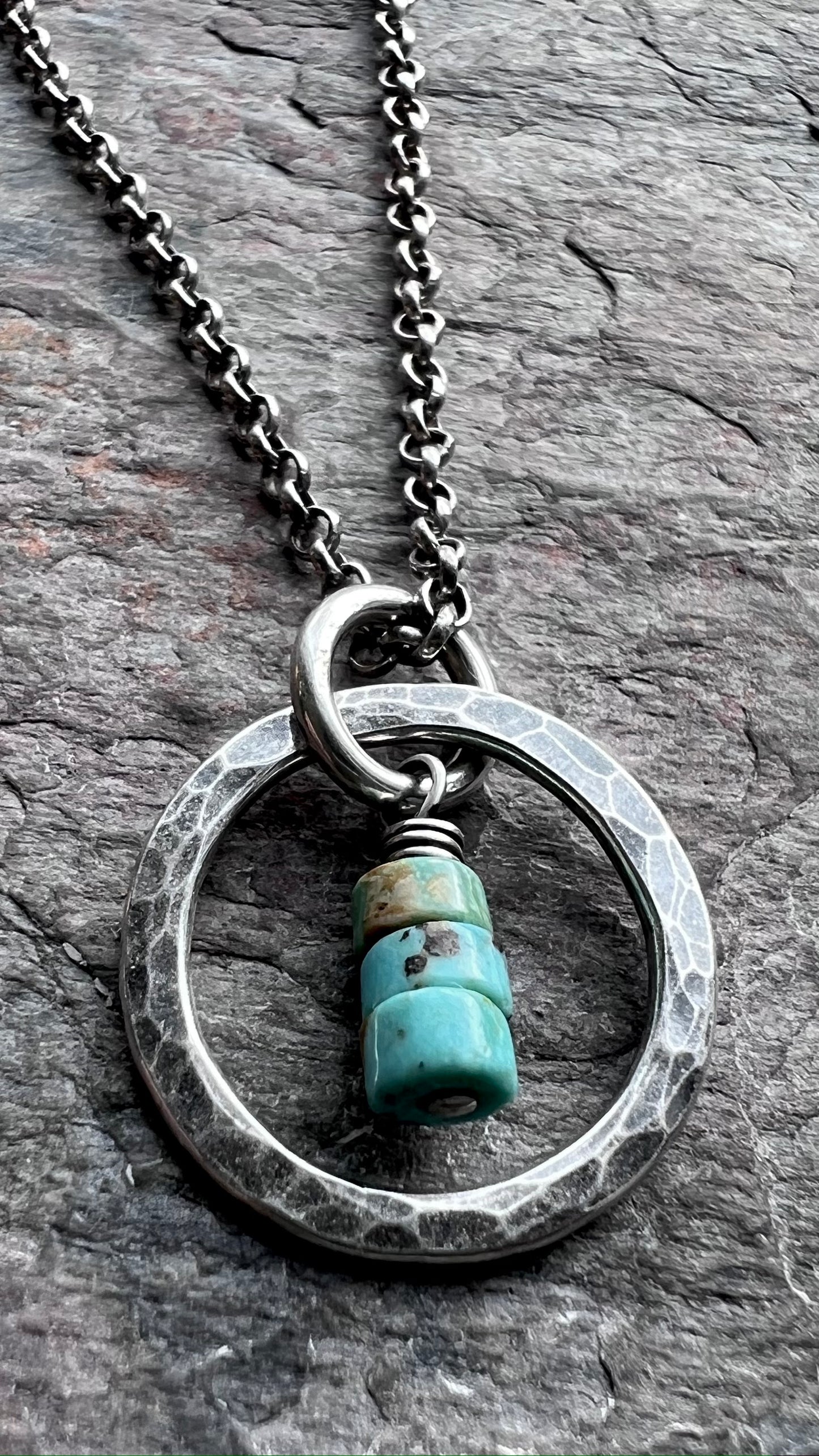 Turquoise Sterling Silver Necklace - Genuine Turquoise in Hammered Circle Pendant on Sterling Silver