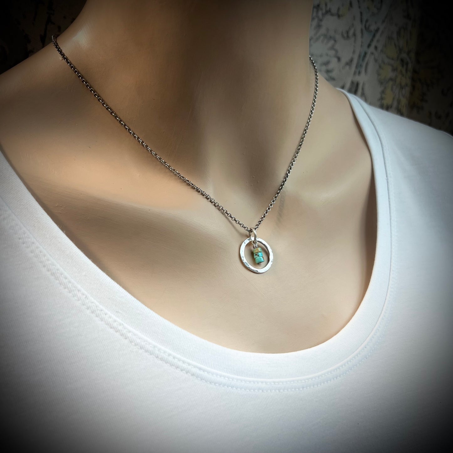 Turquoise Sterling Silver Necklace - Genuine Turquoise in Hammered Circle Pendant on Sterling Silver