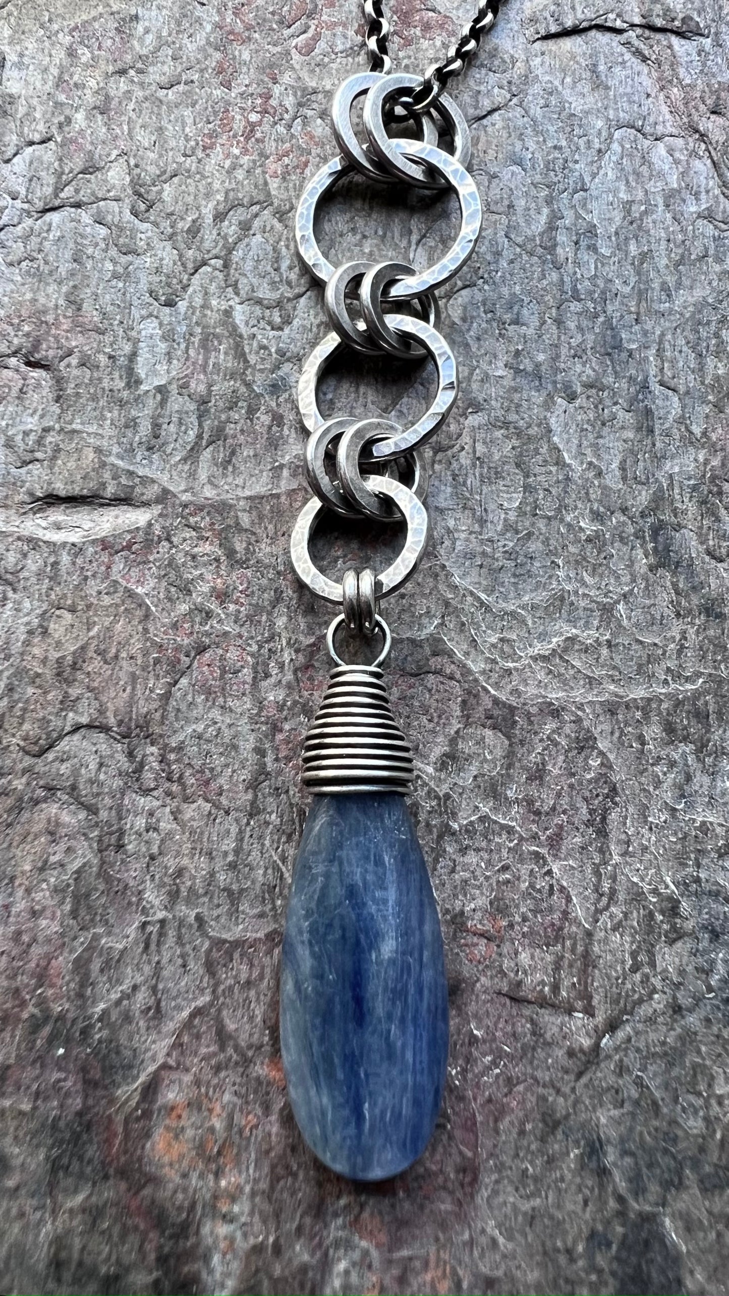 Sterling Silver Blue Kyanite Necklace Natural Stone Hammered Silver Pendant Long Necklace