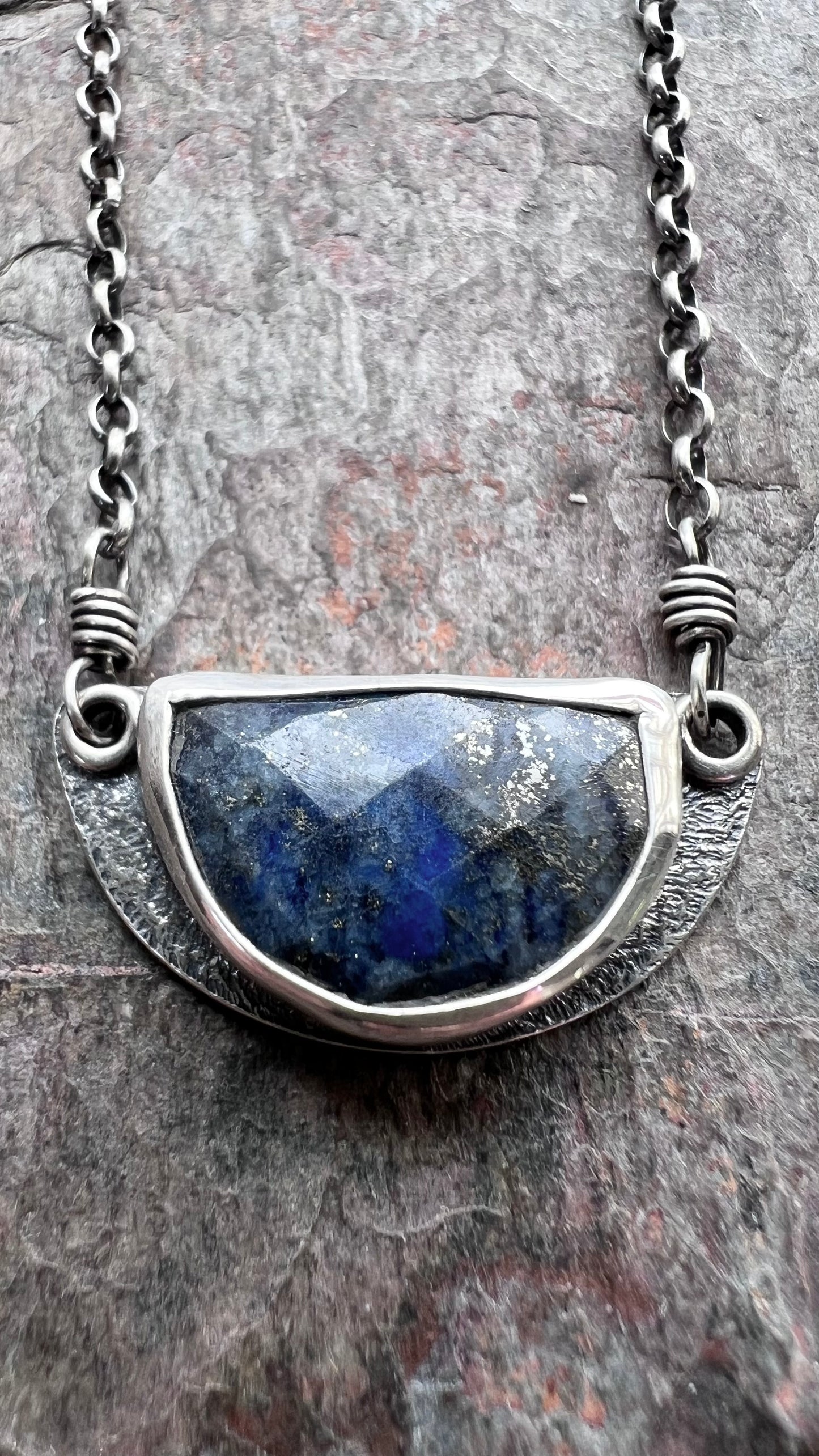 Sterling Silver Lapis Necklace Genuine Lapis Lazuli Natural Stone Semicircle Blue Pendant Handmade Jewelry Unique Gift for Her