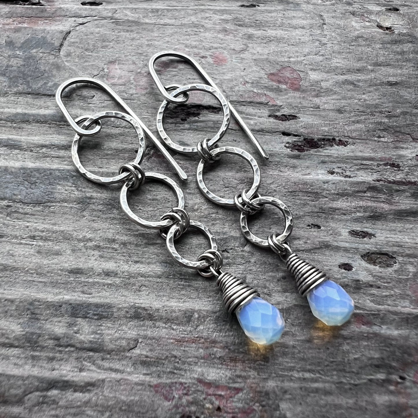 Sterling Silver Opalite Earrings | Opalite Teardrops on Hammered Rings Long Dangle Earrings