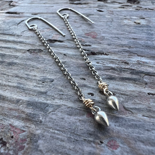 Sterling Silver and 14k Goldfill Long Drop Earrings | Mixed Metal Gold and Silver Tiny Spike on Chain Earrings