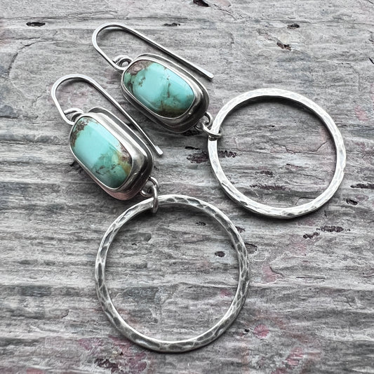 Turquoise Sterling Silver Earrings | Genuine Natural Turquoise and Hammered Hoops