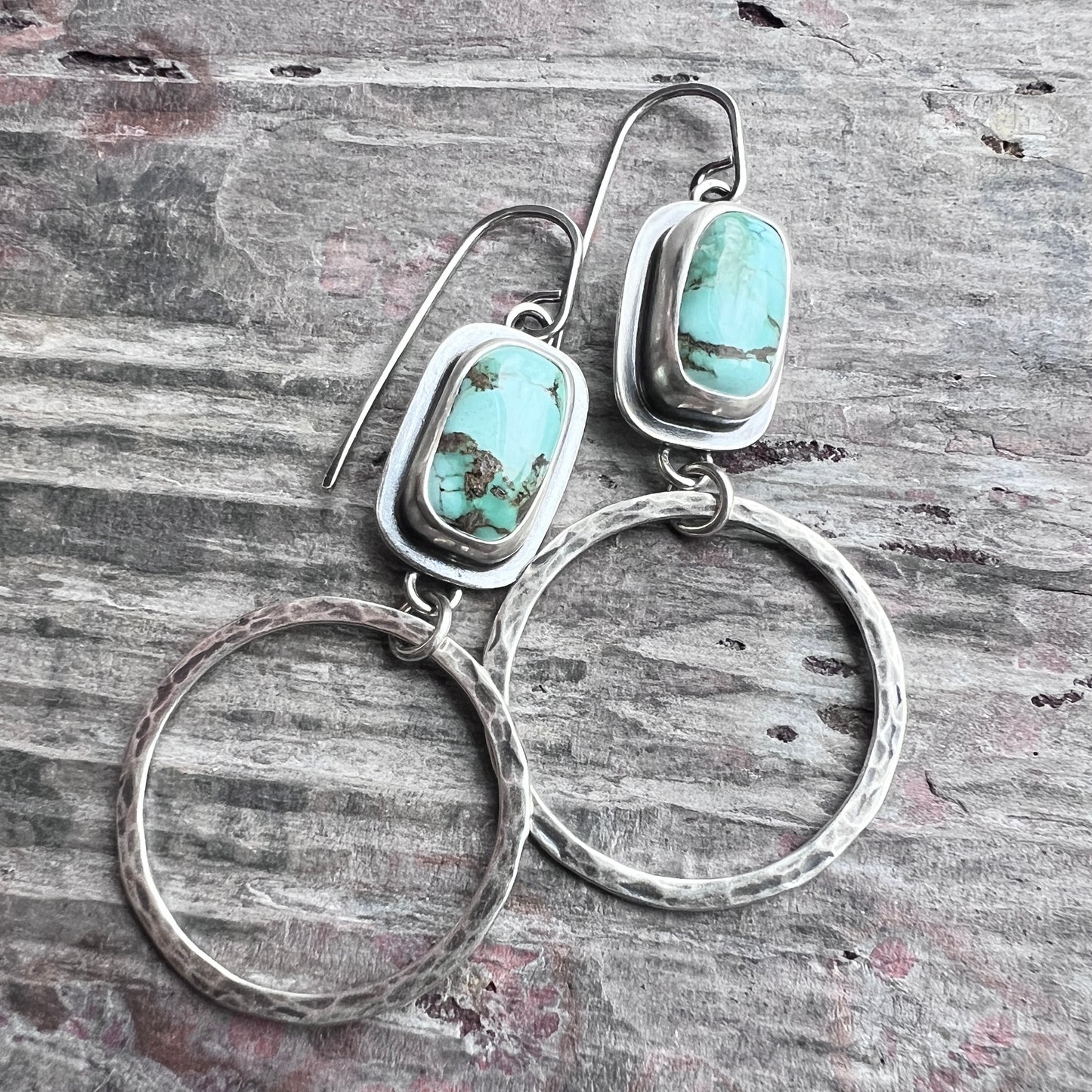 Turquoise Sterling Silver Earrings | Genuine Natural Turquoise and Hammered Hoops