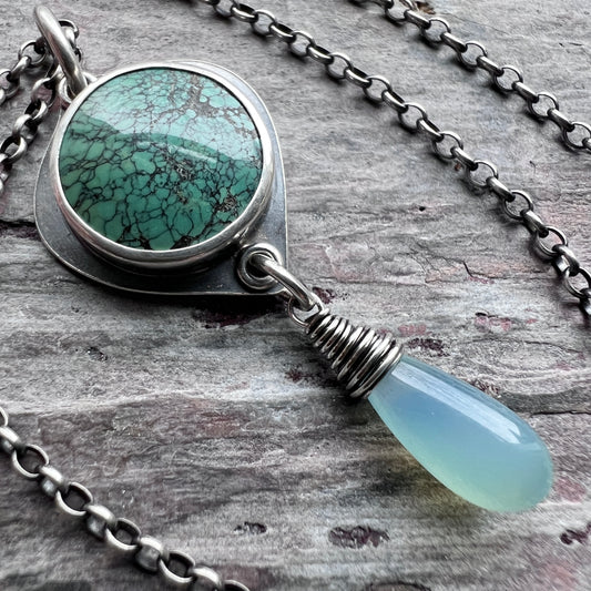 Turquoise Sterling Silver Necklace | Genuine Natural Turquoise and Chalcedony Pendant Necklace