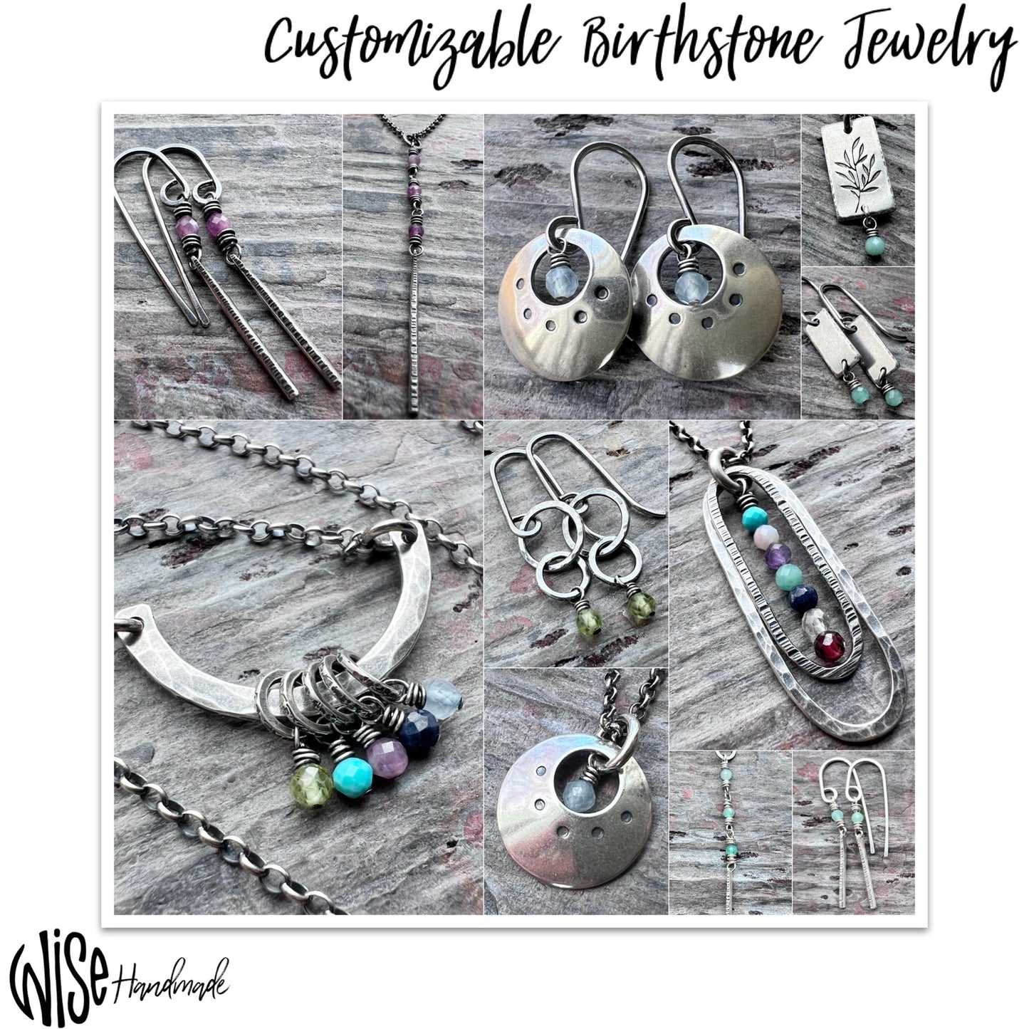 Customizable Sterling Silver Birthstone Necklace | Genuine Gem Charms on Hammered Curve Pendant