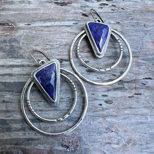 Sterling Silver Lapis Lazuli Earrings | Genuine Blue Lapis Natural Stone Statement Hoops