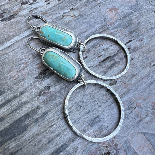Turquoise Sterling Silver Earrings | Genuine Natural Turquoise and Hammered Hoops