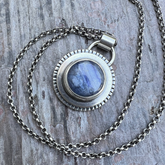 Sterling Silver Kyanite Necklace | Natural Stone Round Cabochon Pendant