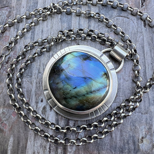 Labradorite Sterling Silver Necklace | Large Raw Natural Stone Round Pendant