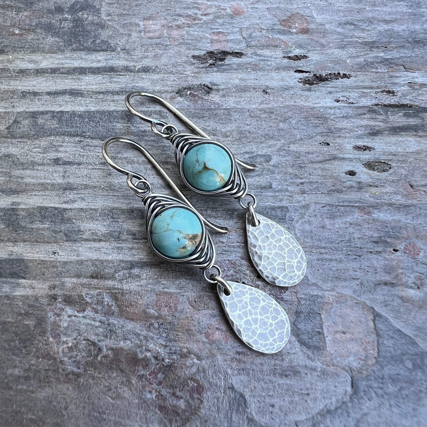 Genuine Turquoise Sterling Silver Earrings | Wire-wrapped Natural Stone and Hammered Teardrop Dangles