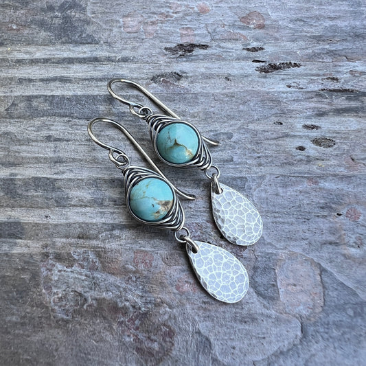 Genuine Turquoise Sterling Silver Earrings | Wire-wrapped Natural Stone and Hammered Teardrop Dangles