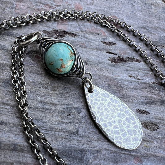 Genuine Turquoise Sterling Silver Necklace | Wire-wrapped Natural Stone and Hammered Teardrop Pendant
