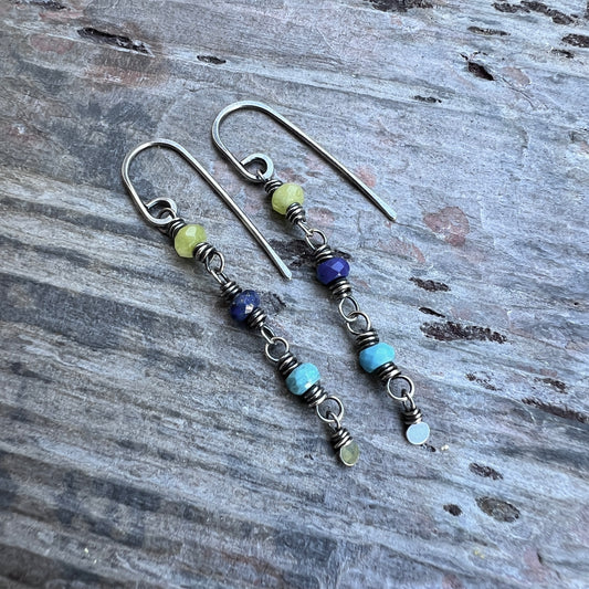 Sterling Silver Genuine Stone Earrings | Long Dangles with Turquoise, Lapis Lazuli, and Jade Beads