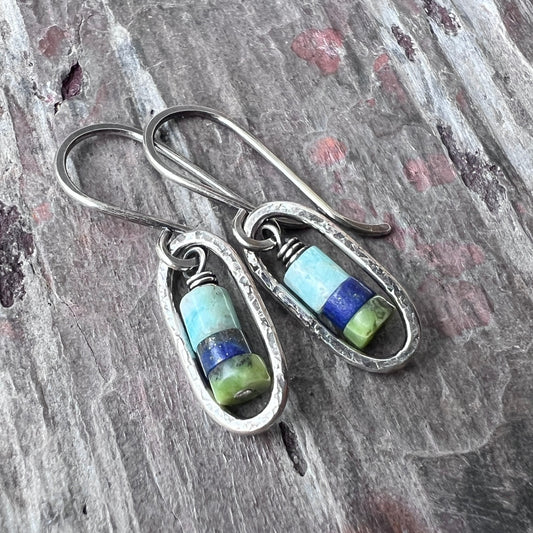 Sterling Silver Genuine Stone Earrings | Amazonite, Lapis Lazuli, and Chrysoprase in Hammered Oval Dangles