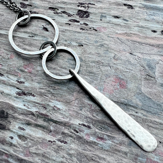 Sterling Silver Hammered Rings Necklace | Silver Circles with Long Drop Pendant
