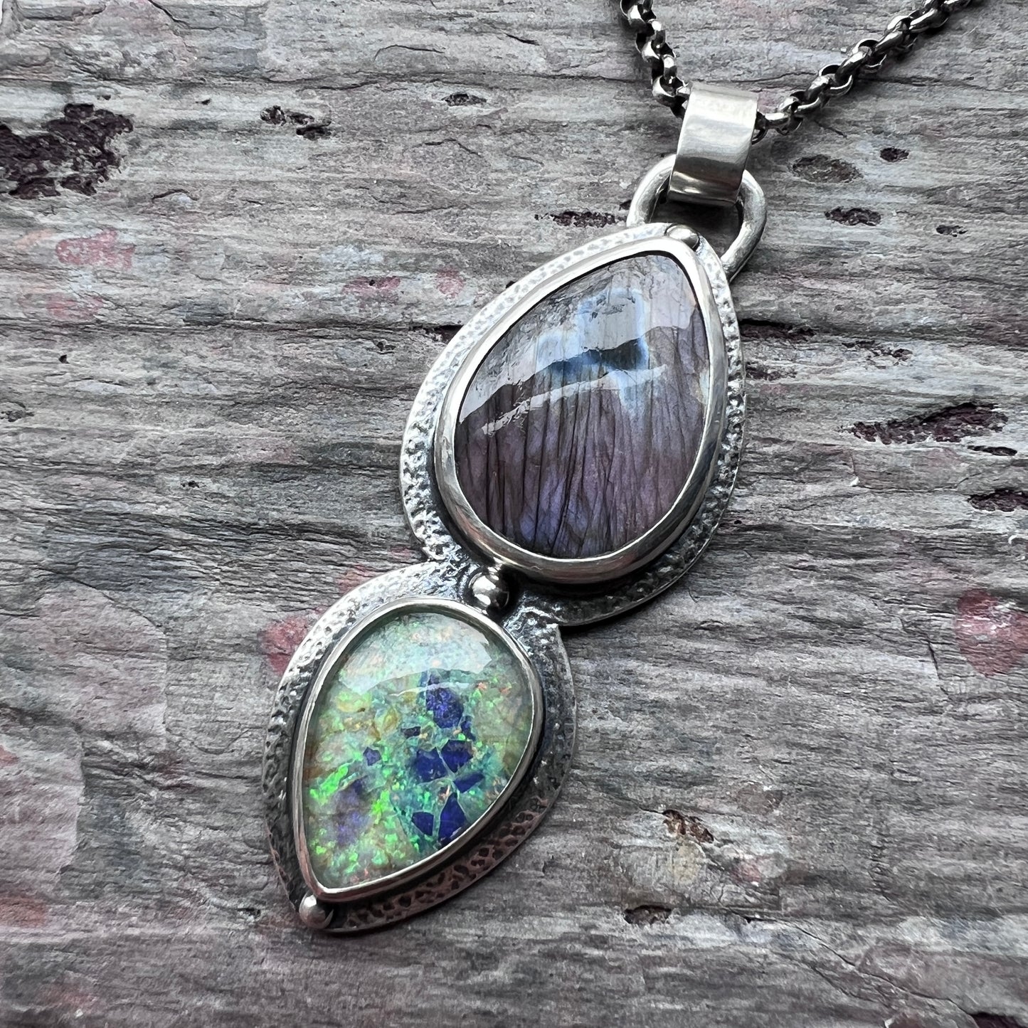 Sterling Silver Labradorite and Monarch Opal Pendant Necklace