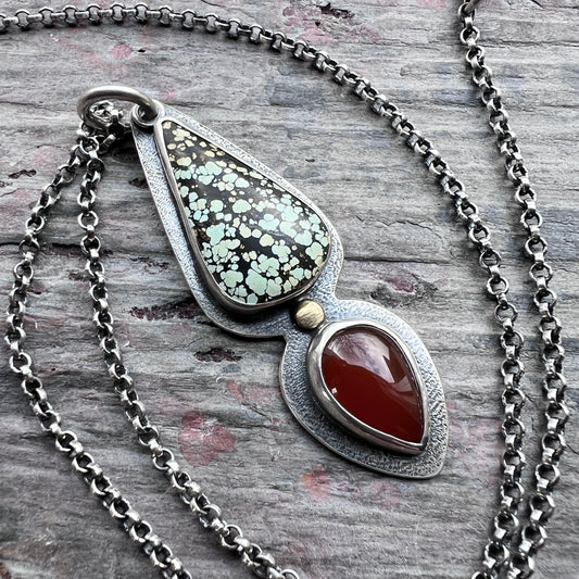 Genuine Turquoise and Carnelian Sterling Silver Necklace | One-of-a-kind Teardrop Pendant (#2)