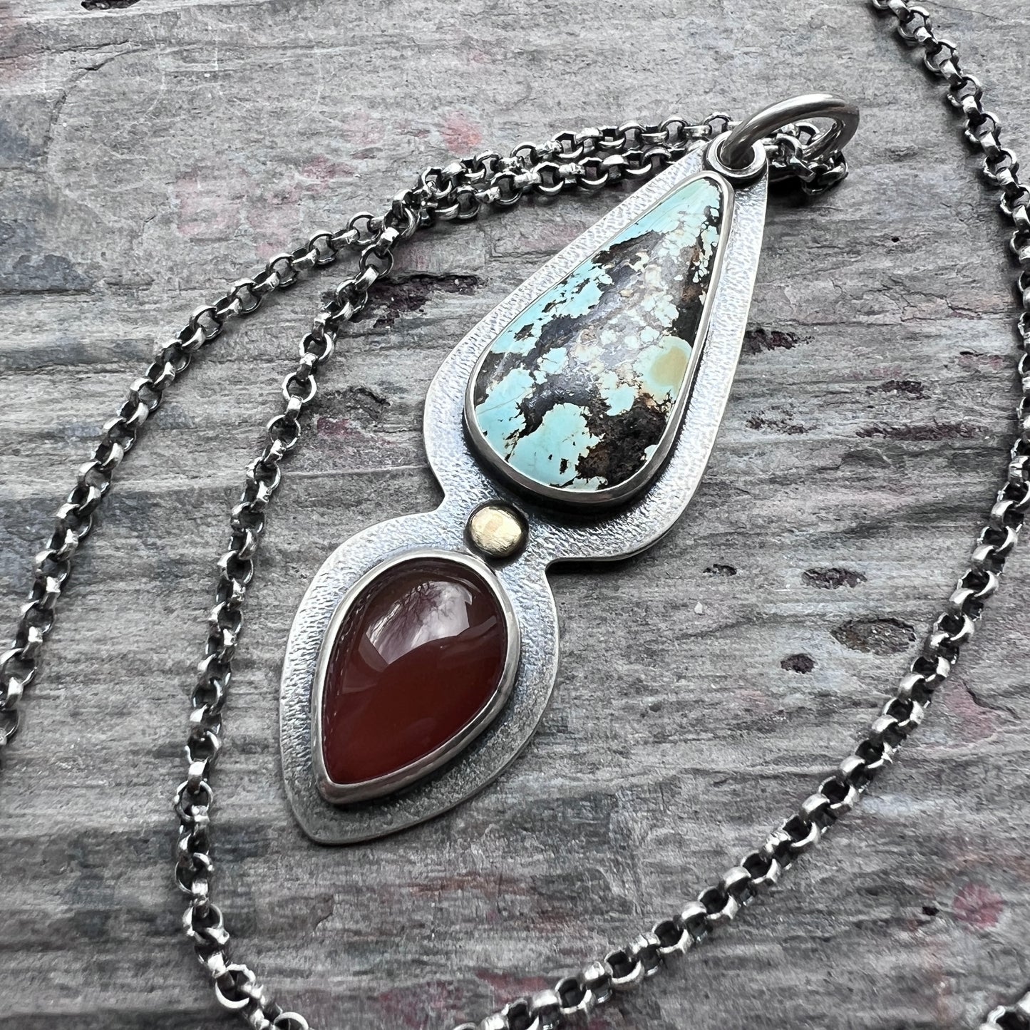 Genuine Turquoise and Carnelian Sterling Silver Necklace | One-of-a-kind Teardrop Pendant (#3)