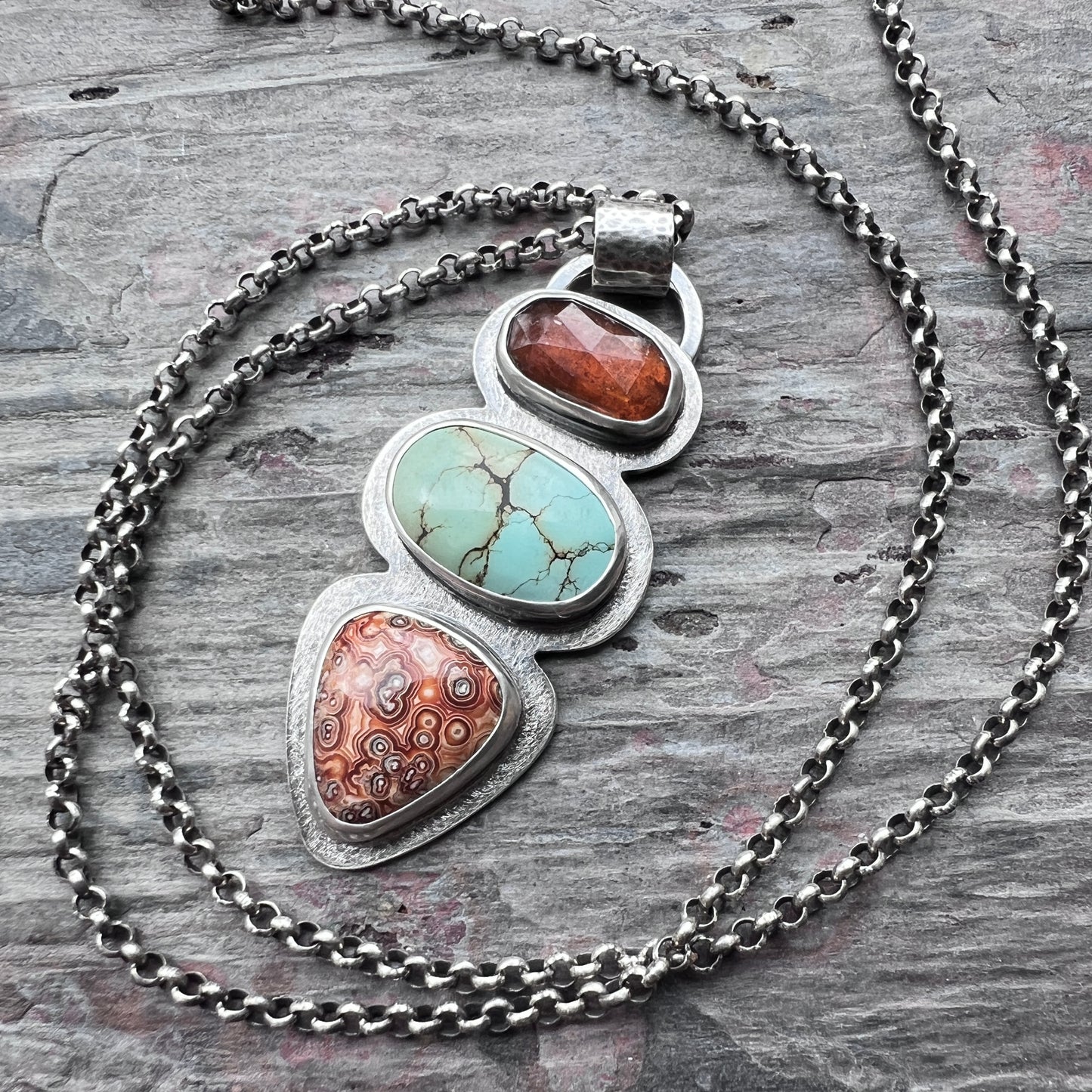 Ocean Jasper, Turquoise, and Orange Kyanite Sterling Silver Necklace | Artisan One-of-a-kind Natural Stone Pendant