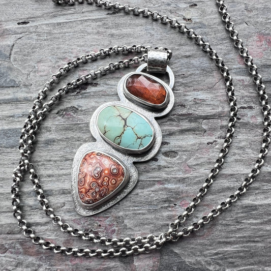 Ocean Jasper, Turquoise, and Orange Kyanite Sterling Silver Necklace | Artisan One-of-a-kind Natural Stone Pendant