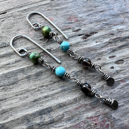 Sterling Silver Turquoise and Smoky Quartz Earrings | Natural Stone Long Dangle Earrings