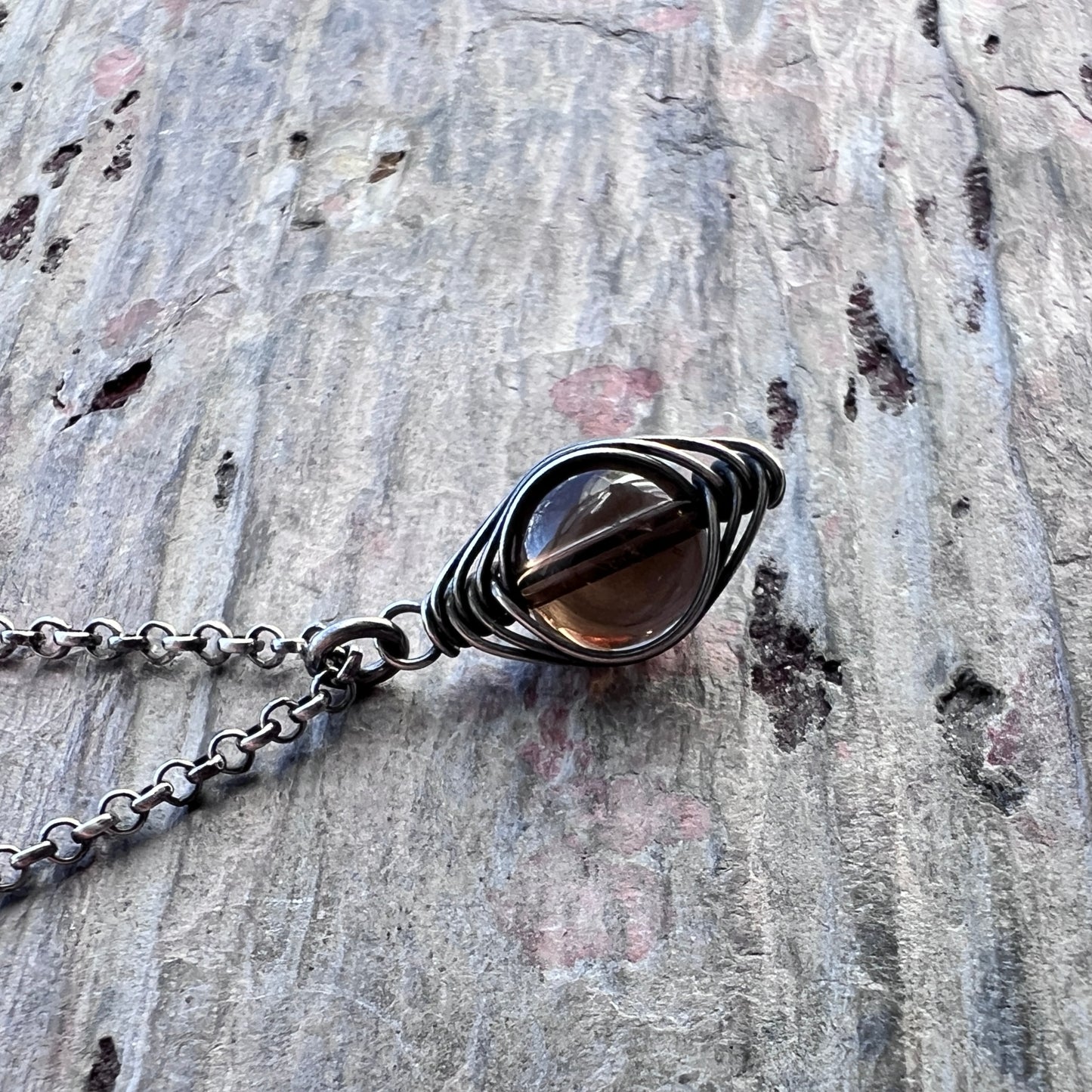 Sterling Silver Smoky Quartz Necklace | Natural Stone Wire-wrapped Pendant