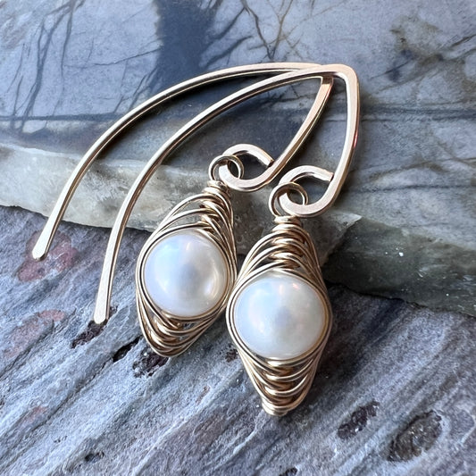 14K Goldfill Pearl Earrings | Genuine Pearl Gold Filled Wire-wrapped Dangle Earrings