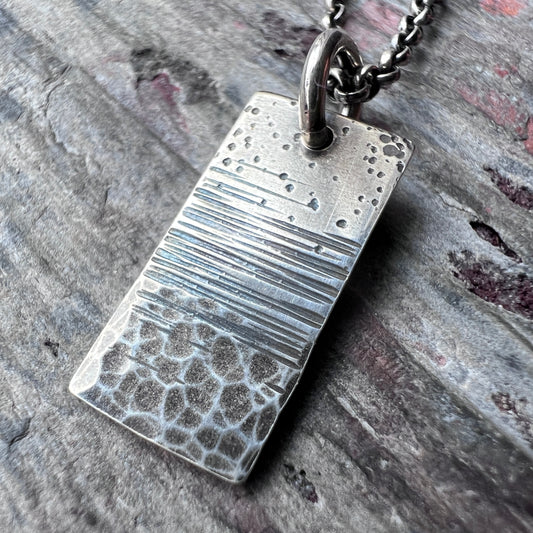 Sterling Silver Hammered Necklace | Artsy Multi Textured Rectangle Pendant