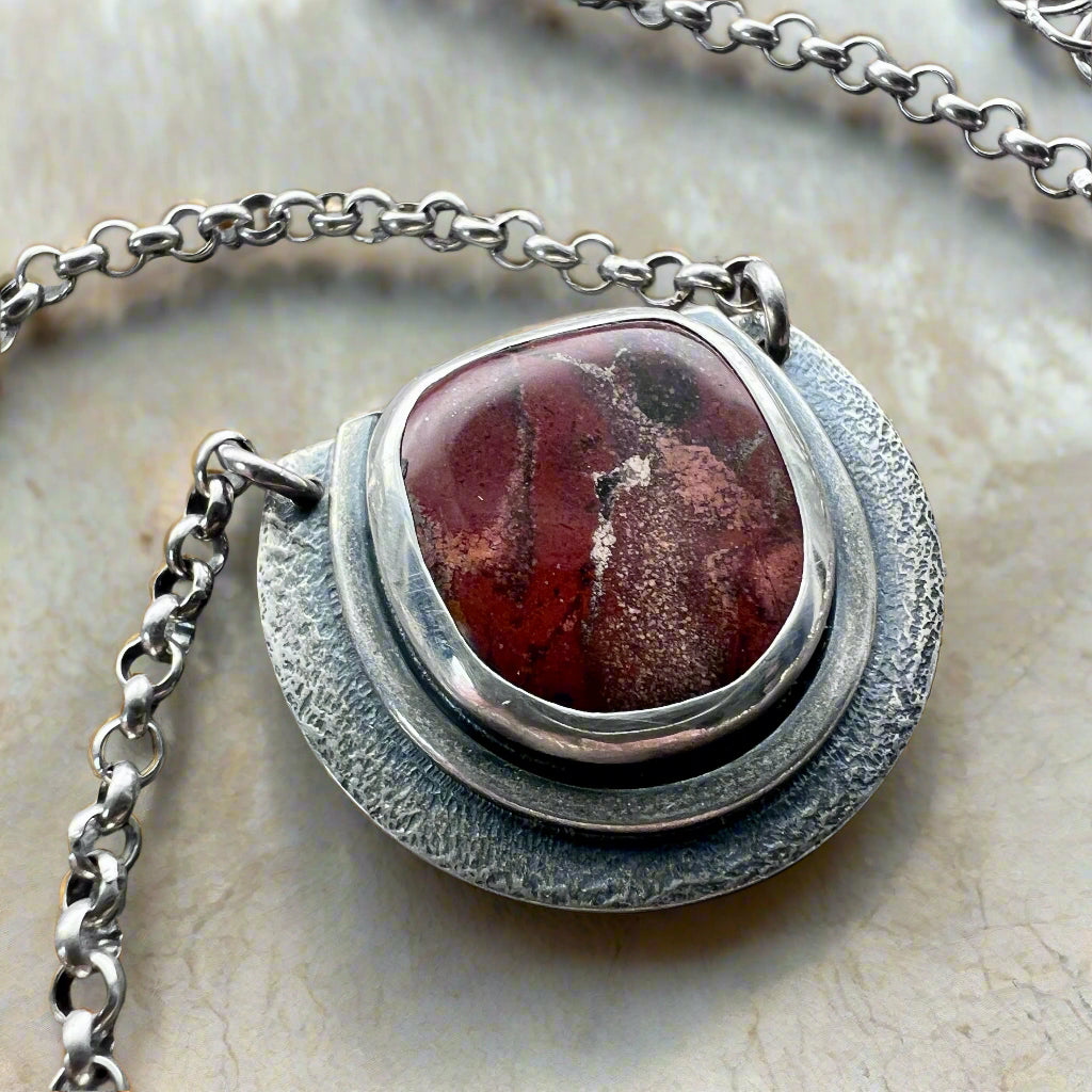 Sterling Silver Red Jasper Necklace | Natural Stone Semicircle Pendant