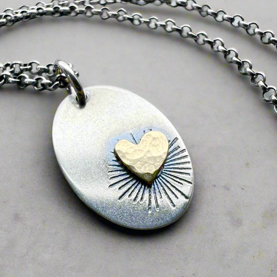 Sterling Silver and Golden Brass Heart Necklace | Handmade Mixed Metal Oval Pendant