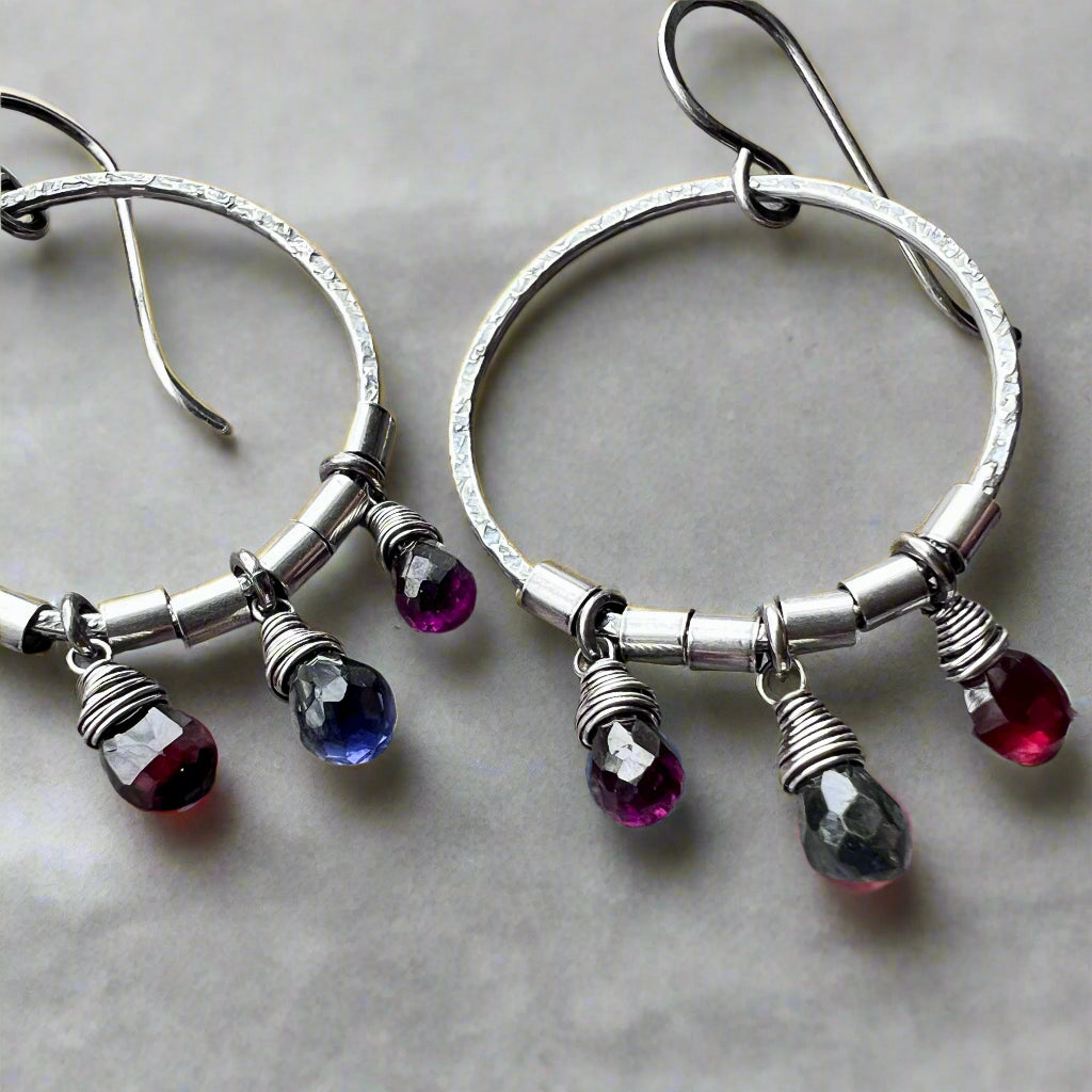 Sterling Silver Garnet and Iolite Earrings | Genuine Natural Stones and Hammered Silver Hoops