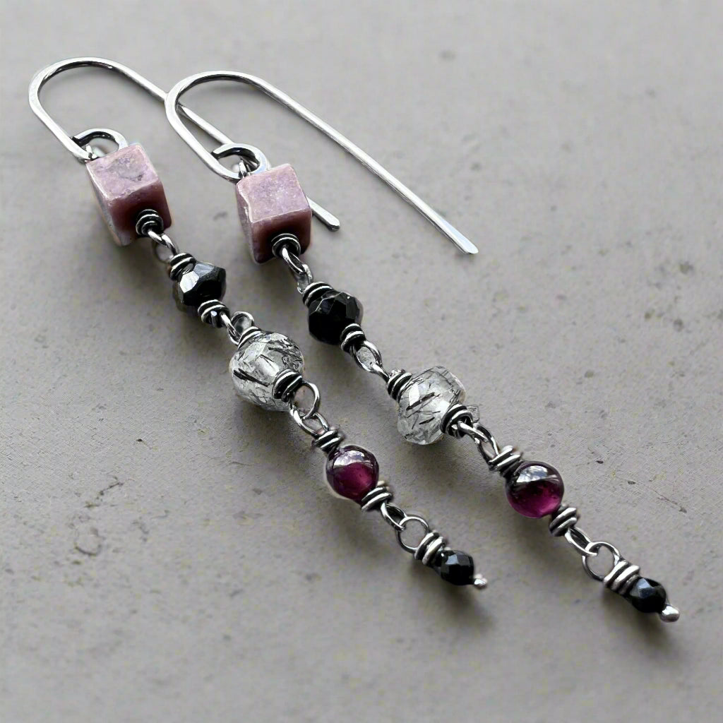 Sterling Silver Natural Stone Earrings | Pink and Black Beaded Long Dangles