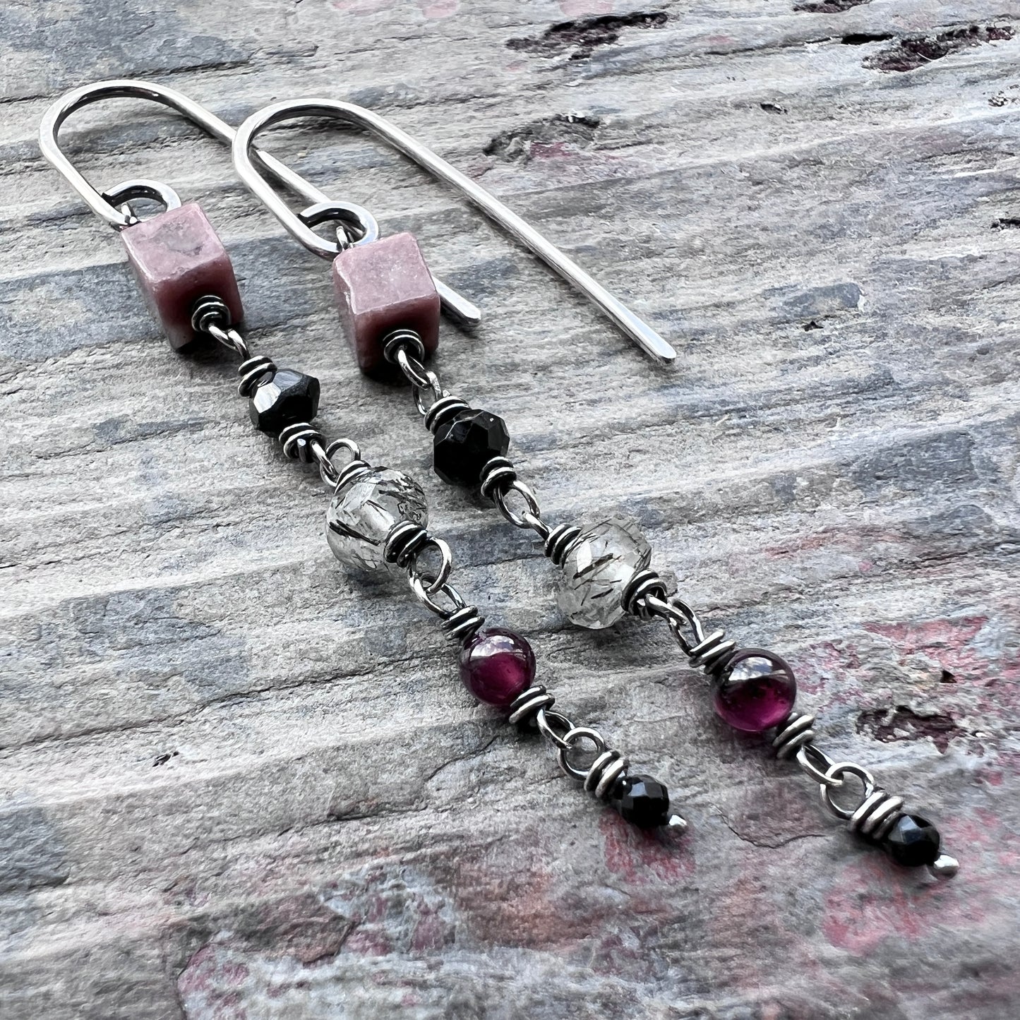 Sterling Silver Natural Stone Earrings | Pink and Black Beaded Long Dangles