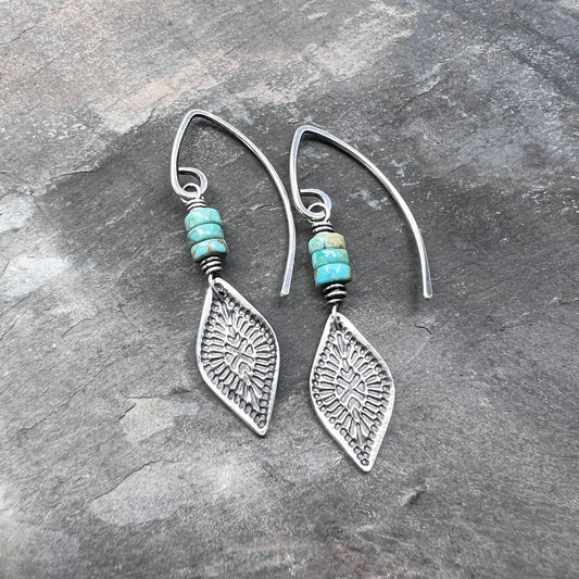 Genuine Turquoise Sterling Silver Earrings | Natural Stone Beads with Stamped Silver Dangle