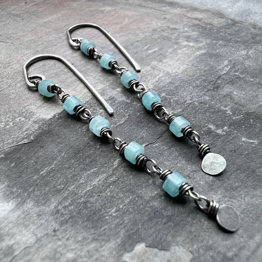 Sterling Silver Amazonite Earrings | Aqua Natural Stone Long Dangle Earrings