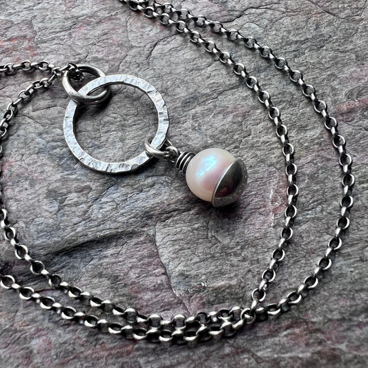 Sterling Silver Pearl Necklace - Genuine Freshwater Pearl and Hammered Sterling Silver Ring Pendant on Sterling Silver Chain