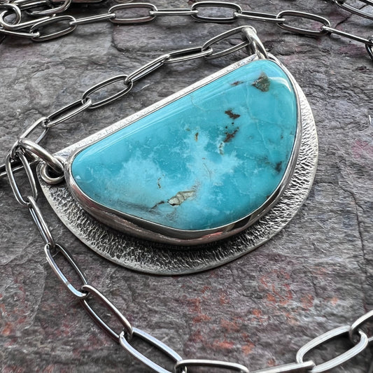 Turquoise and Sterling Silver Semicircle Pendant - One-of-a-Kind Turquoise Statement Necklace