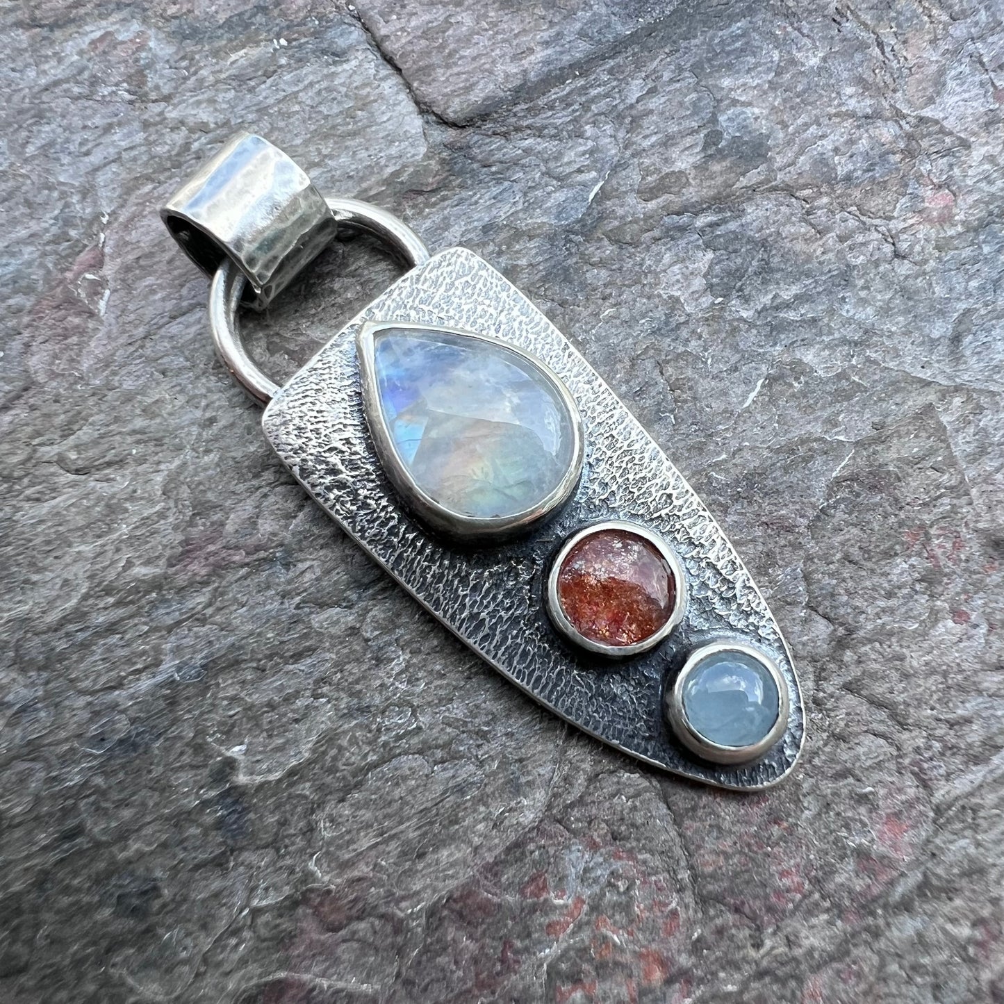 Rainbow Moonstone, Sunstone, and Aquamarine Pendant - Handmade One-of-a-kind Pendant