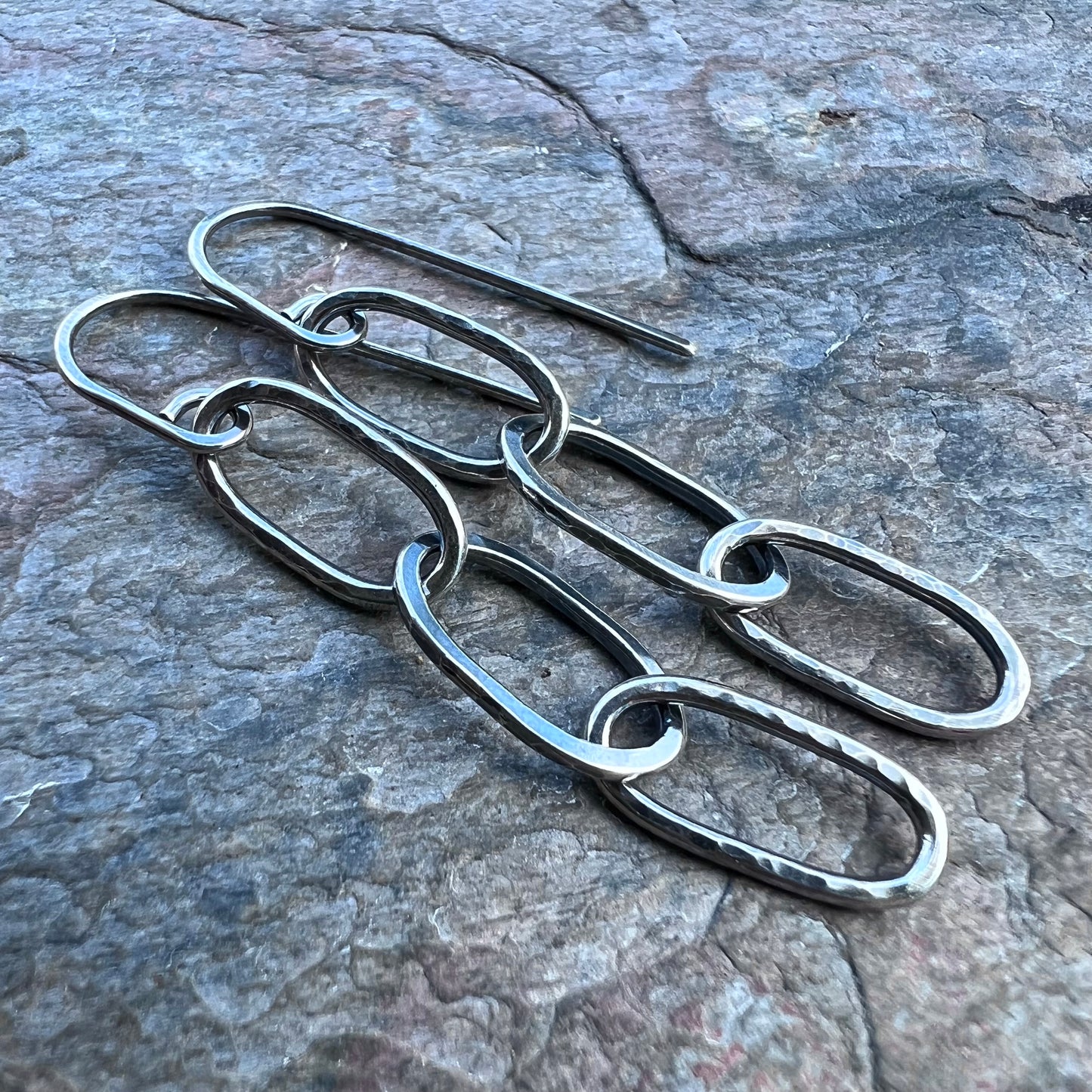 Sterling Silver Hammered Elongated Chain Earrings