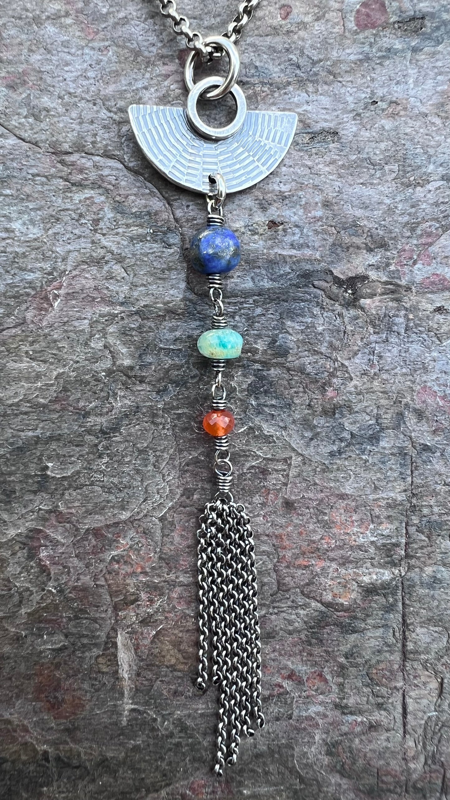 Sterling Silver Natural Stone Necklace - Lapis Lazuli, Amazonite, and Carnelian Pendant