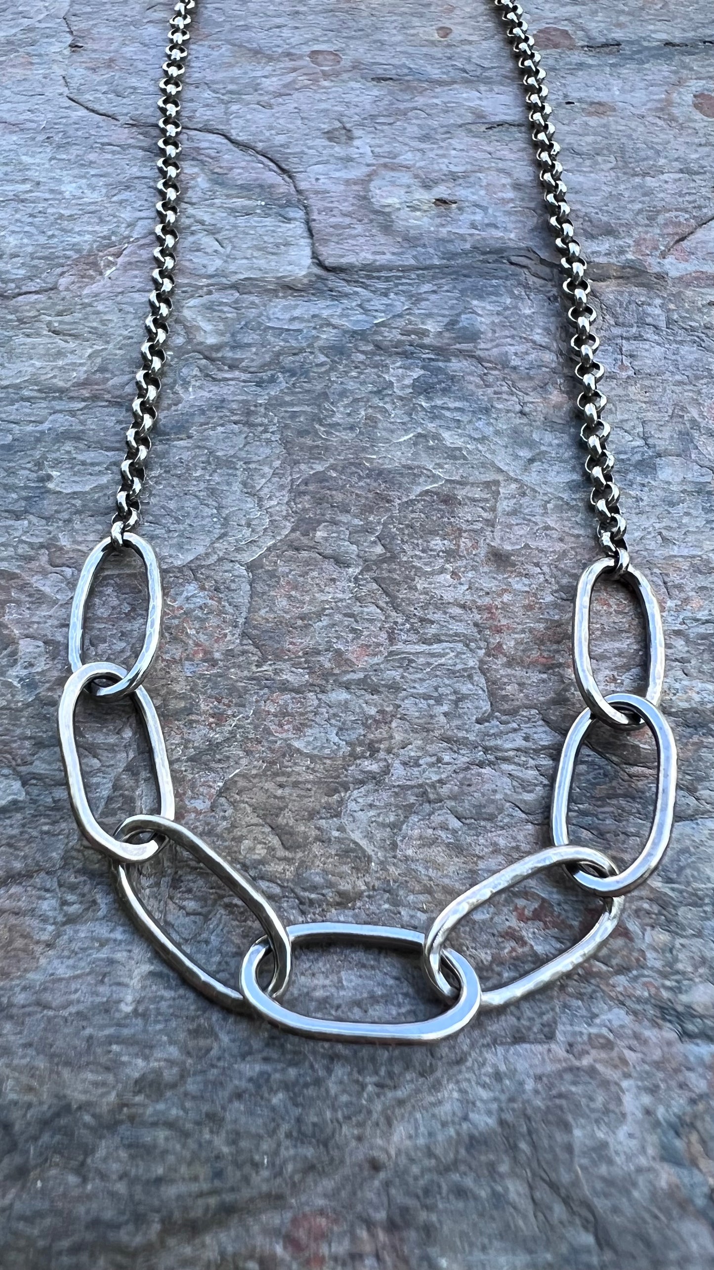 Sterling Silver Hammered Link Necklace - Handmade Sterling Silver Links on Sterling Silver Rolo Chain