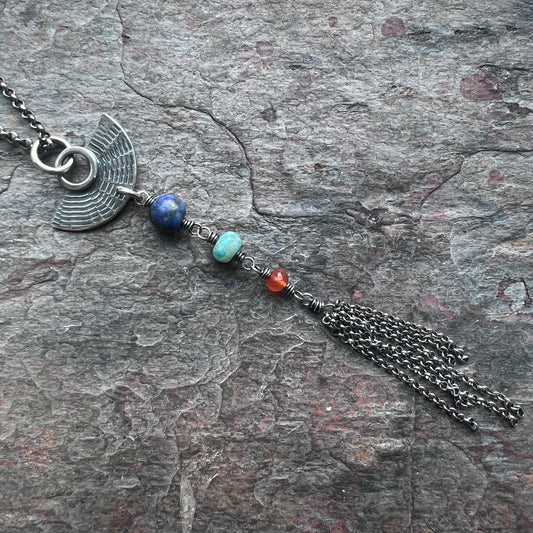Sterling Silver Natural Stone Necklace - Lapis Lazuli, Amazonite, and Carnelian Pendant