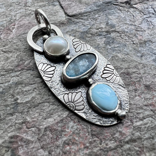 Pearl, Kyanite, and Turquoise Sterling Silver Pendant - One-of-a-Kind Handmade Pendant
